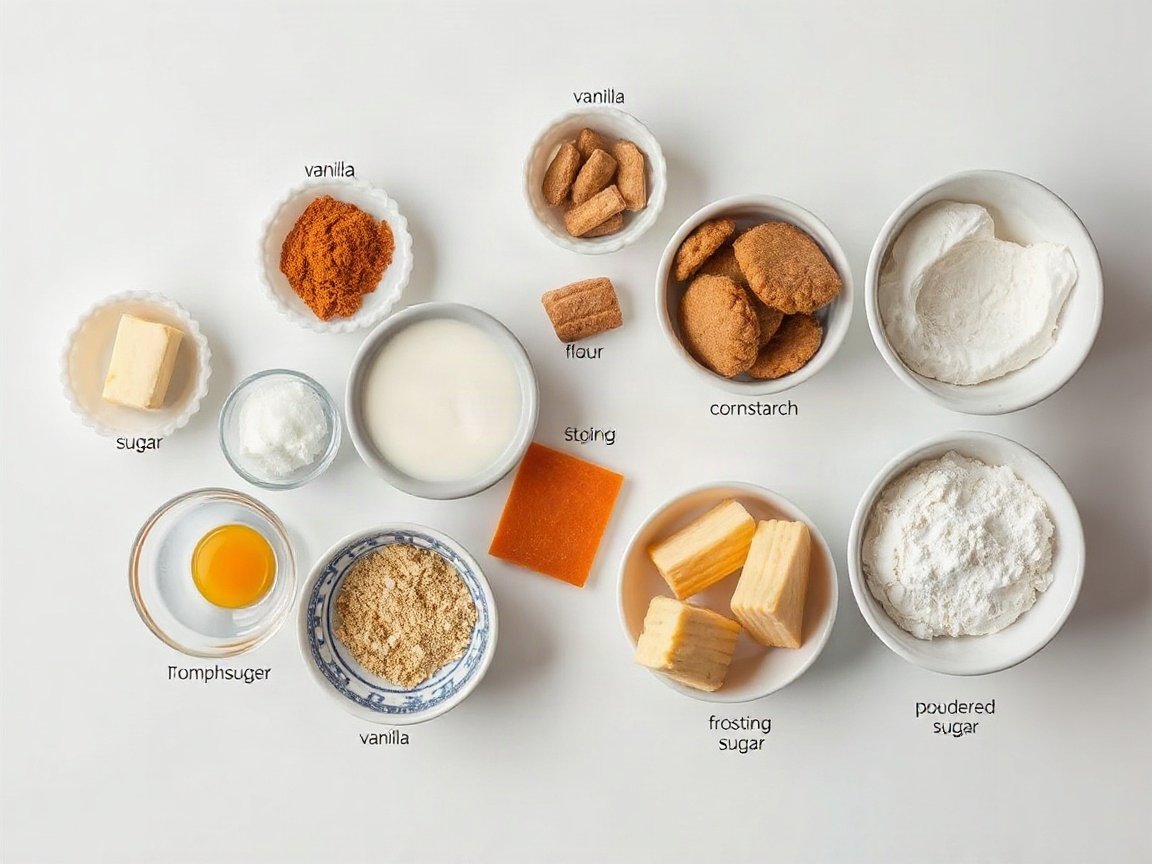 Ingredients for Pumpkin Cookies with Cream Cheese Frosting: butter, sugar, brown sugar, pumpkin pie spice, pumpkin, egg yolk, vanilla, flour, cornstarch, baking powder, salt, cream cheese, frosting butter, frosting brown sugar, frosting vanilla, frosting salt and powdered sugar