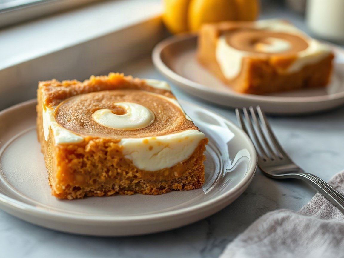Pumpkin Cream Cheese Bars for Two (Small-Batch Cake Bars) 5 Pumpkin Cream Cheese Bars plated as two servings, close-up