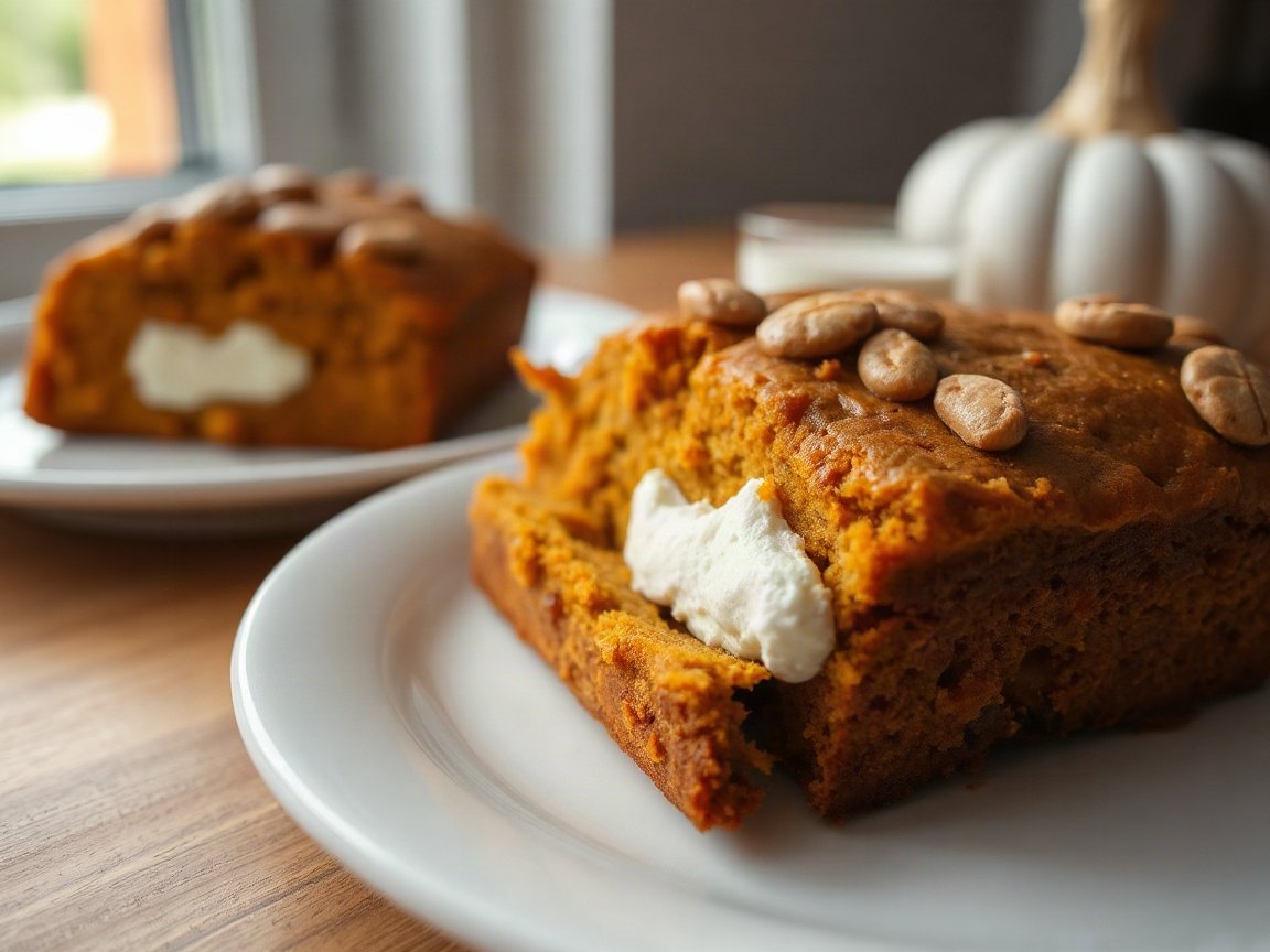 Pumpkin Cream Cheese Bread plated as two servings, close-up