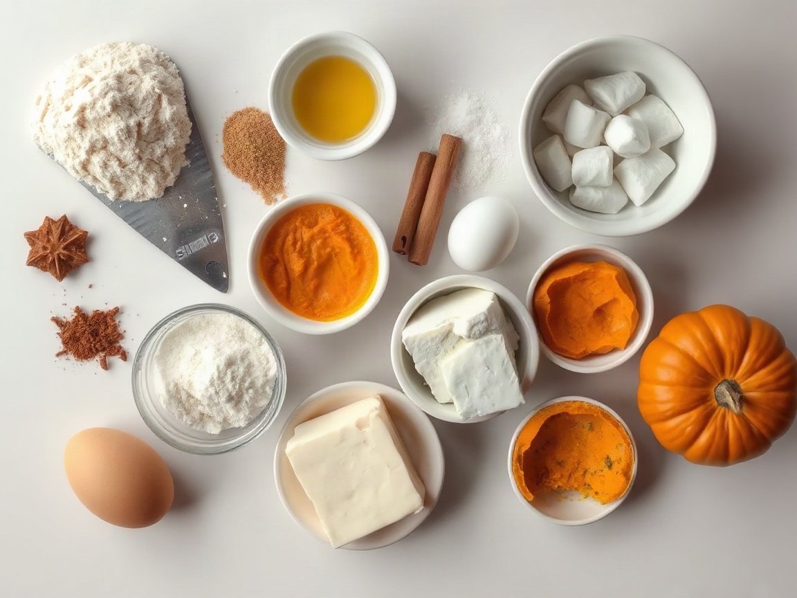 Ingredients for Pumpkin Cream Cheese Bread: flour, pumpkin pie spice, cinnamon, baking soda, salt, egg, oil, sugar, vanilla, pumpkin, cream cheese, filling sugar, filling flour and filling vanilla