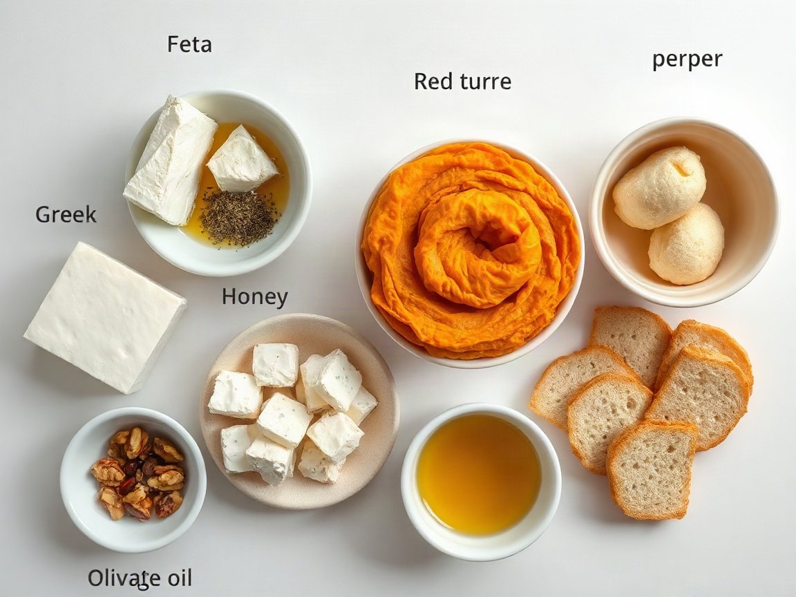Ingredients for Pumpkin Feta Dip: feta, Greek yogurt, pumpkin puree, honey, dried thyme, black pepper, red pepper flakes, walnuts, olive oil and bread or crackers