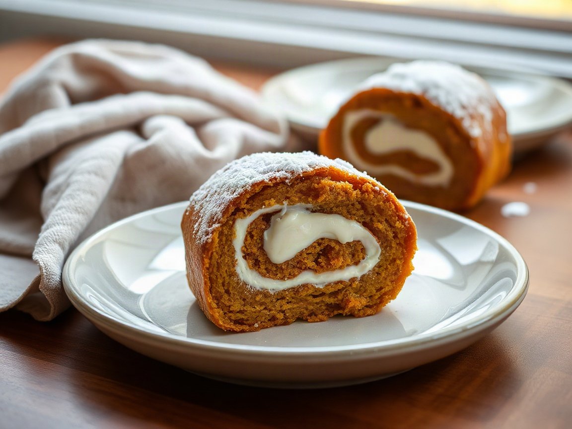 Mini Pumpkin Roll Cake for Two (8-Inch Pan) 5 Mini Pumpkin Roll plated as two servings, close-up