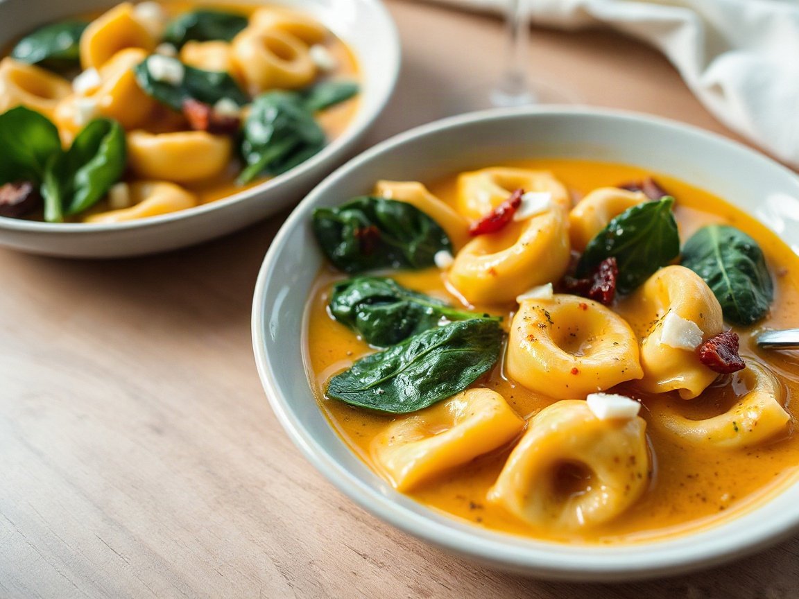 Creamy Pumpkin Tortellini Soup plated as two servings, close-up