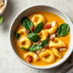 Creamy Pumpkin Tortellini Soup, fully cooked and ready to serve for two