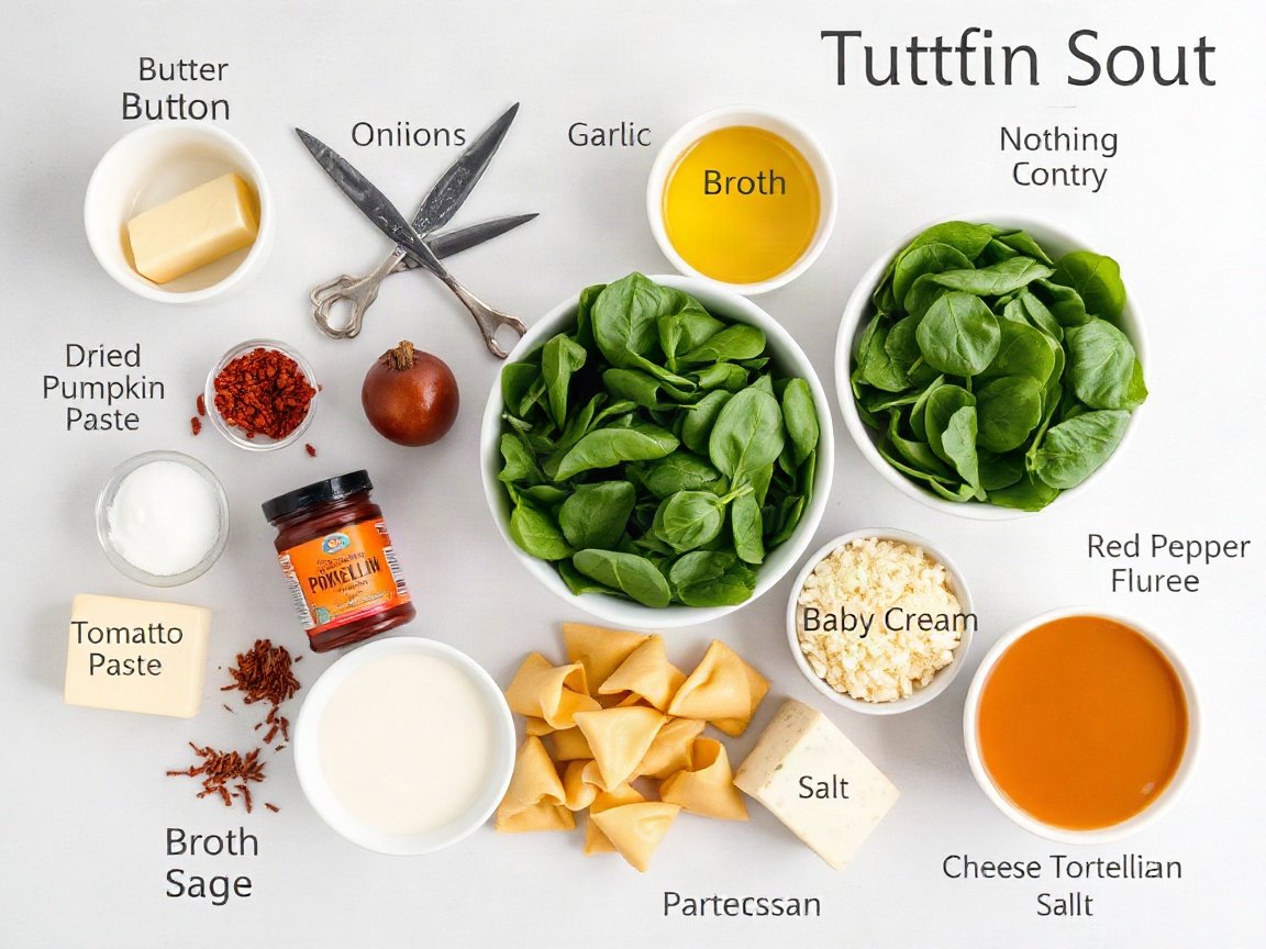 Ingredients for Creamy Pumpkin Tortellini Soup: butter, onion, garlic, tomato paste, smoked paprika, dried sage, red pepper flakes, broth, pumpkin puree, salt, cheese tortellini, heavy cream, baby spinach and Parmesan