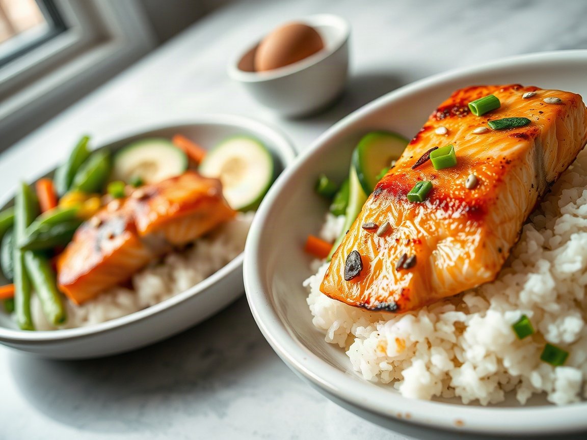 Salmon Bowls for Two (Honey Soy Salmon Bites) 5 Salmon Bowls plated as two servings, close-up