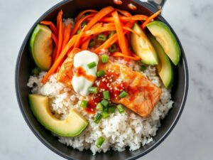 Salmon Bowls, fully cooked and ready to serve for two