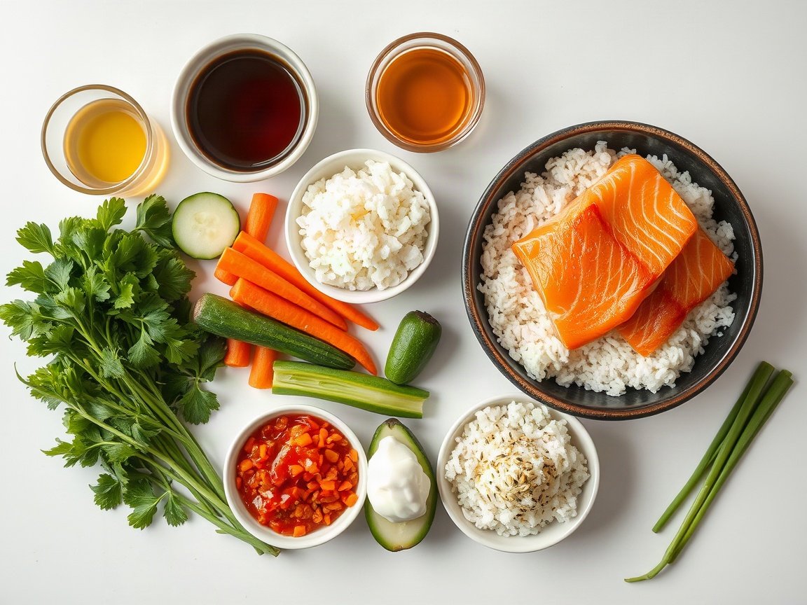 Salmon Bowls for Two (Honey Soy Salmon Bites) 4 Ingredients for Salmon Bowls: salmon, soy sauce, honey, rice vinegar, sesame oil, garlic, ginger, neutral oil, cooked rice, cucumber, carrot, edamame, avocado, mayonnaise, sriracha, green onion and sesame seeds