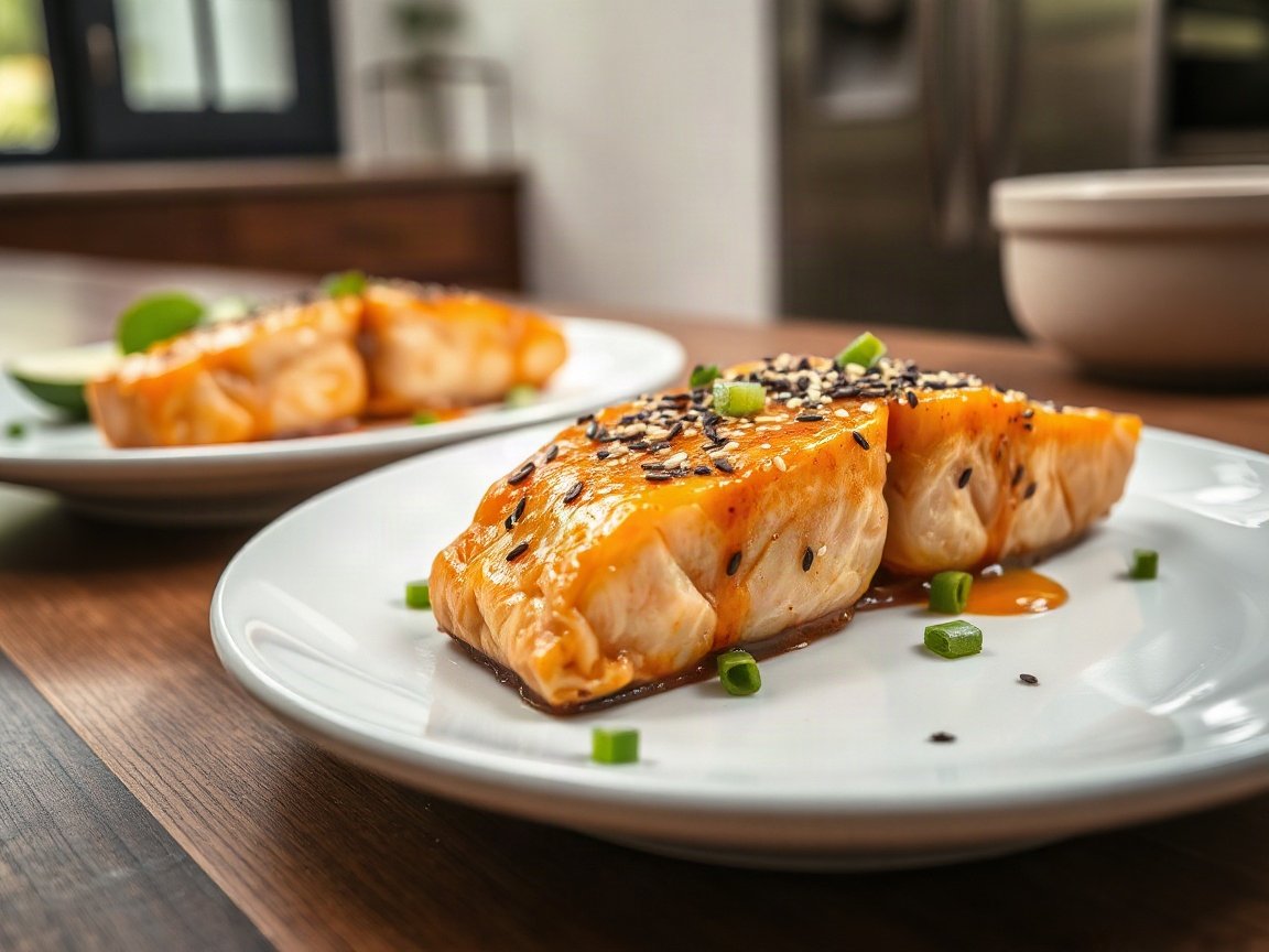 Ginger Soy Salmon Freezer Meal for Two 5 Ginger Soy Salmon Freezer Meal plated as two servings, close-up
