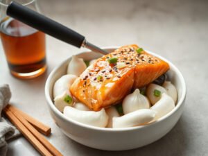 Ginger Soy Salmon Freezer Meal, fully cooked and ready to serve for two