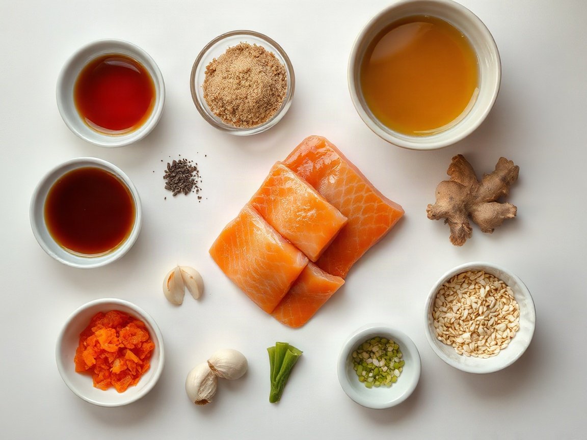 Ginger Soy Salmon Freezer Meal for Two 4 Ingredients for Ginger Soy Salmon Freezer Meal: salmon fillets, soy sauce, orange juice, brown sugar, olive oil, garlic, ginger, black pepper, green onion and sesame seeds