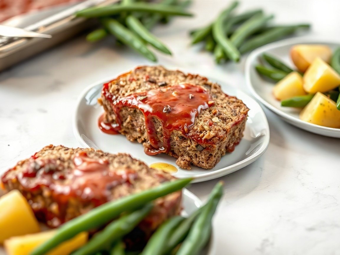 Sheet Pan Mini Meatloaf Dinner for Two (with Potatoes and Green Beans) 5 Sheet Pan Mini Meatloaf Dinner for Two (with Potatoes and Green Beans) plated as two servings, close-up