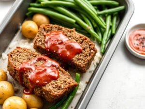 Sheet Pan Mini Meatloaf Dinner for Two (with Potatoes and Green Beans), fully cooked and ready to serve for two