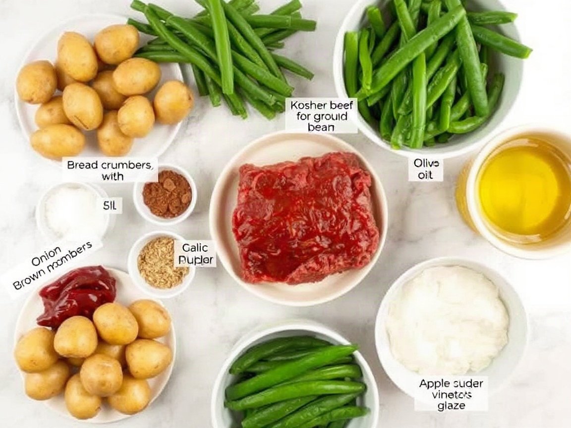 Sheet Pan Mini Meatloaf Dinner for Two (with Potatoes and Green Beans) 4 Ingredients for Sheet Pan Mini Meatloaf Dinner for Two (with Potatoes and Green Beans): baby potatoes, green beans, olive oil, kosher salt, black pepper, lean ground beef, onion, bread crumbs, ketchup for the meatloaf, garlic powder, Italian seasoning, ketchup for the glaze, brown sugar and apple cider vinegar