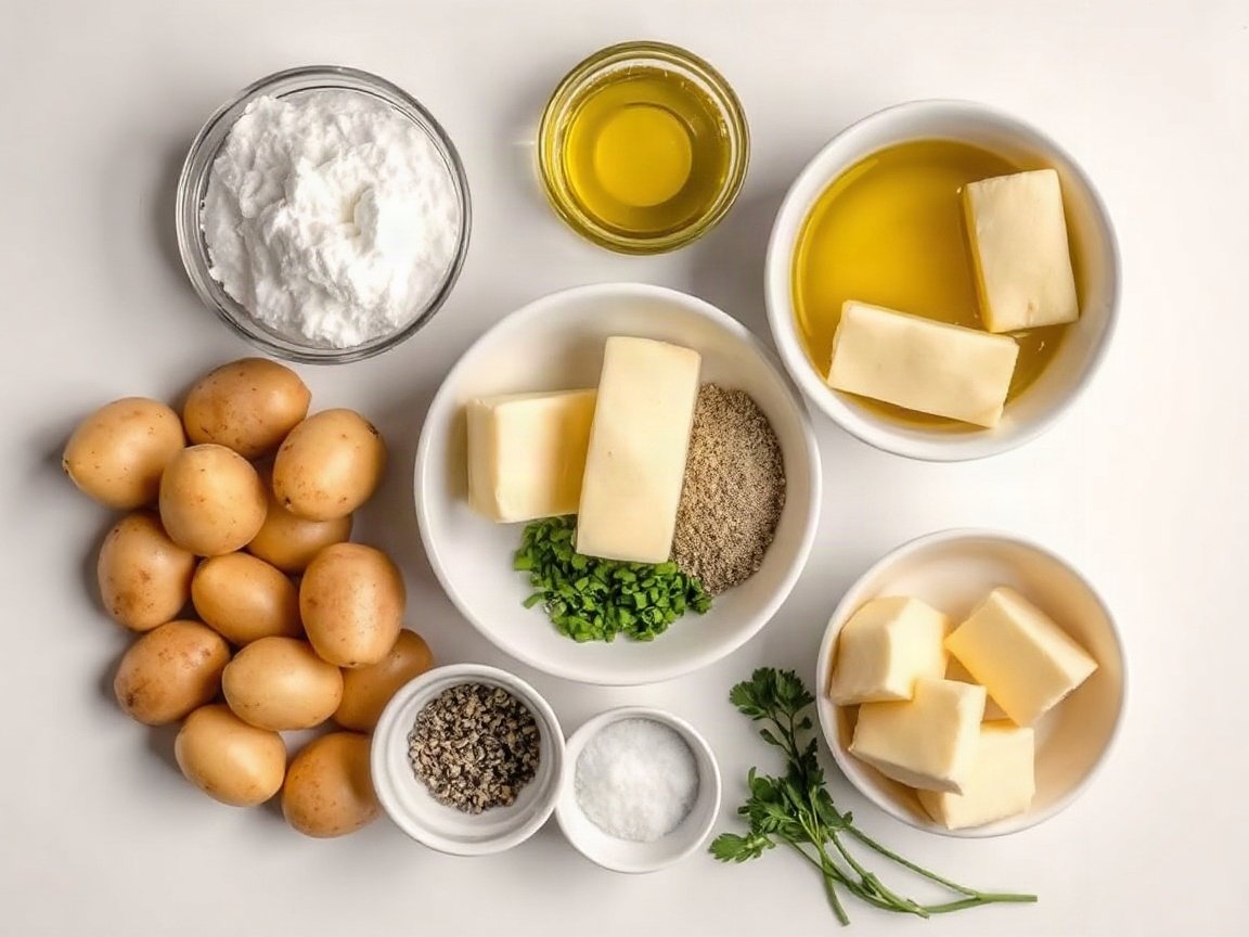 Ingredients for Sheet Pan Smashed Potatoes: small potatoes, salt for the water, olive oil, butter, garlic powder, dried thyme, salt, black pepper and parsley or chives