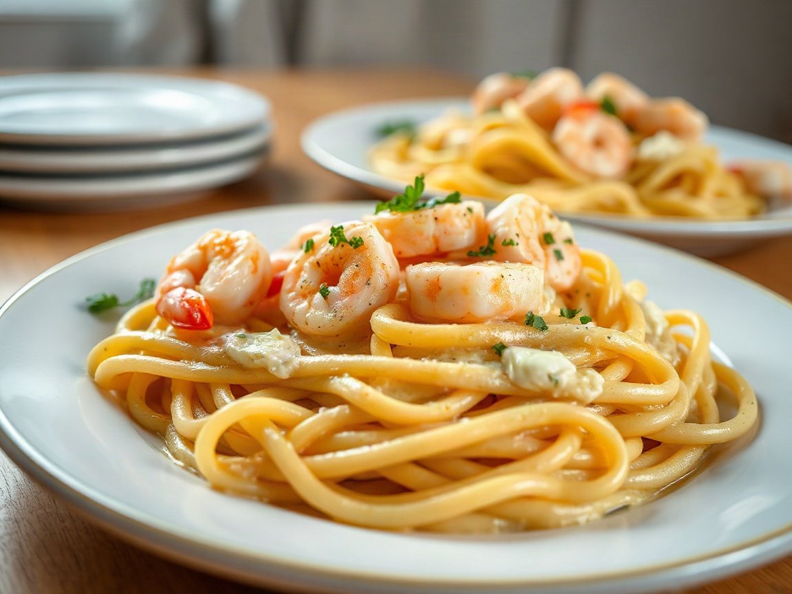 Shrimp Alfredo plated as two servings, close-up