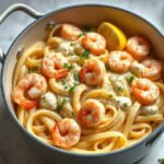 Shrimp Alfredo, fully cooked and ready to serve for two