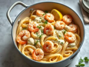 Shrimp Alfredo, fully cooked and ready to serve for two