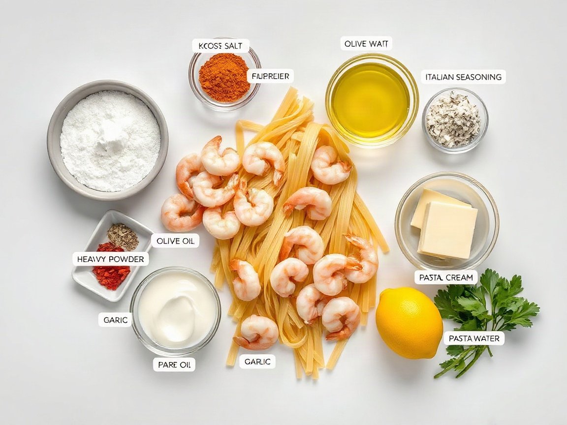Ingredients for Shrimp Alfredo: kosher salt, fettuccine, shrimp, garlic powder, paprika, black pepper, olive oil, butter, garlic, heavy cream, Parmesan, Italian seasoning, pasta water, parsley and lemon