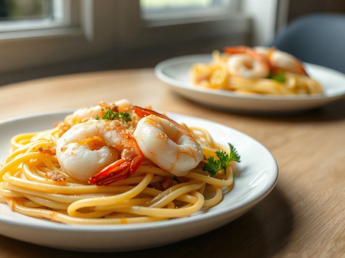 Shrimp Scampi for Two (Linguine, No Wine Needed) 5 Shrimp Scampi for Two (with Linguine, No Wine) plated as two servings, close-up