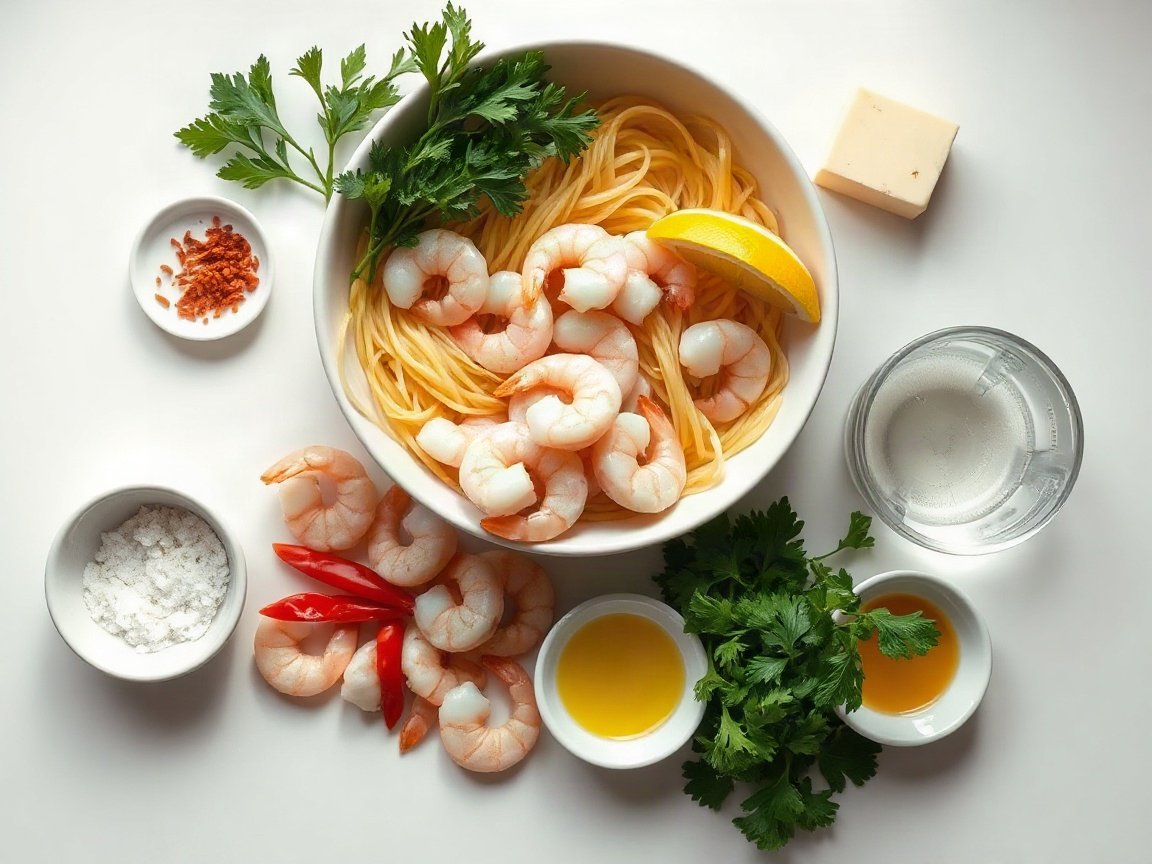 Shrimp Scampi for Two (Linguine, No Wine Needed) 4 Ingredients for Shrimp Scampi for Two (with Linguine, No Wine): linguine, shrimp, kosher salt, olive oil, butter, garlic, red pepper flakes, chicken broth, lemon zest, lemon juice, parsley and pasta water
