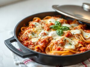 Skillet Lasagna for Two (One-Pan Stovetop Lasagna), fully cooked and ready to serve for two