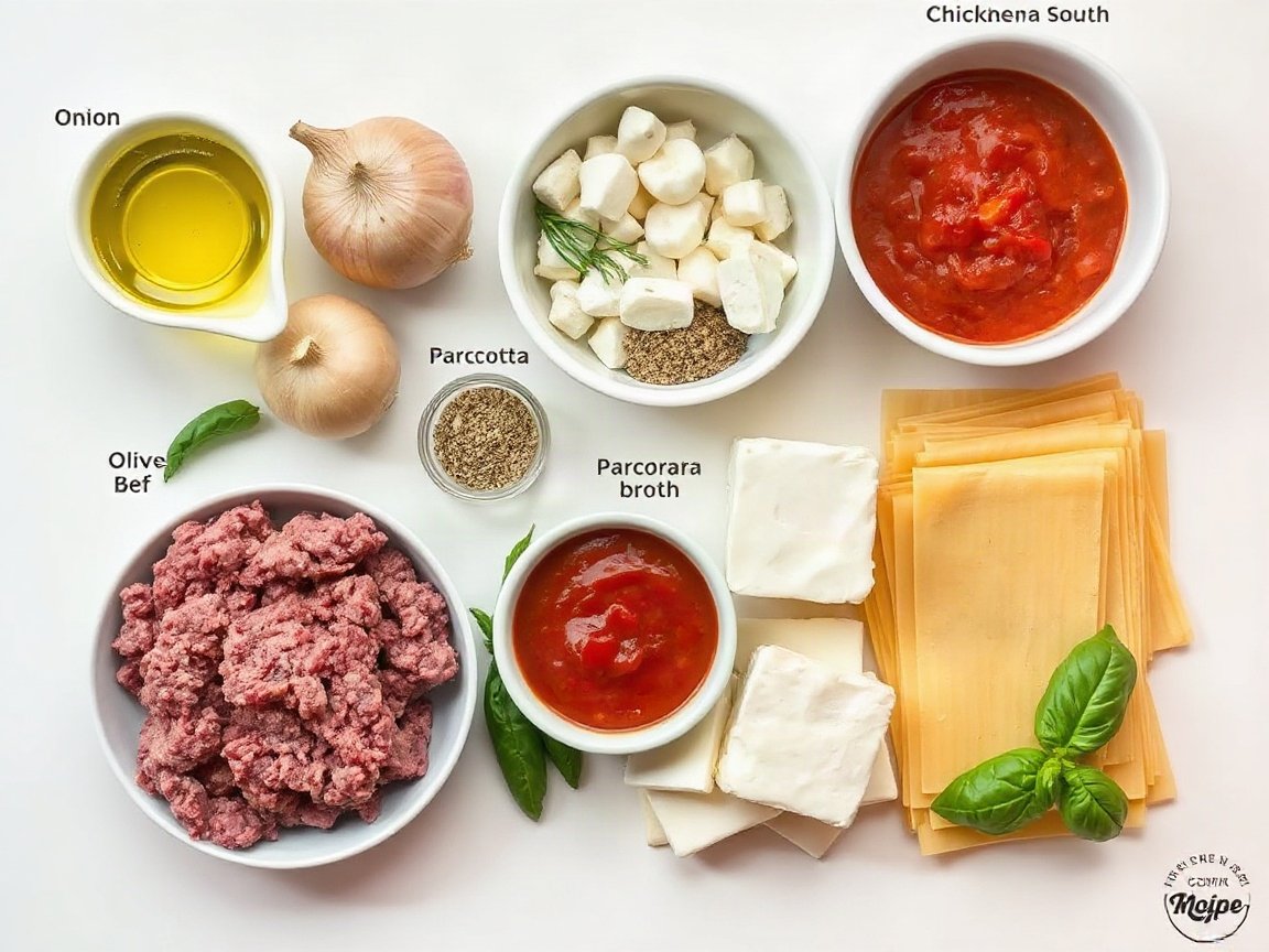 Skillet Lasagna for Two (One-Pan Stovetop Lasagna) 4 Ingredients for Skillet Lasagna for Two (One-Pan Stovetop Lasagna): olive oil, ground beef, onion, garlic, Italian seasoning, salt, marinara sauce, chicken broth, lasagna noodles, ricotta, Parmesan, black pepper, mozzarella and fresh basil