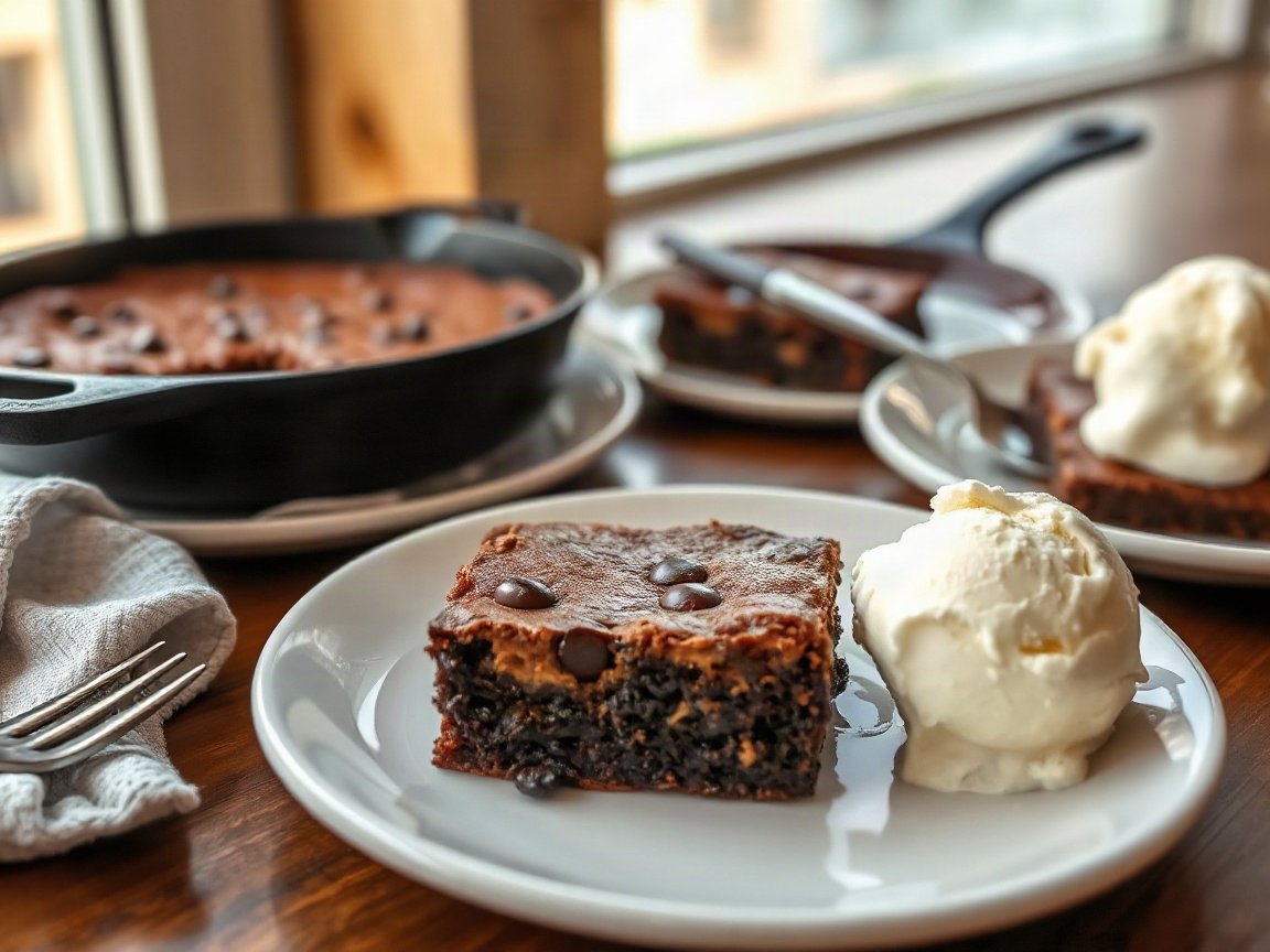 Small Skillet Brownie for Two (6-Inch Cast Iron) 5 Small Skillet Brownie for Two (6-Inch Cast Iron) plated as two servings, close-up
