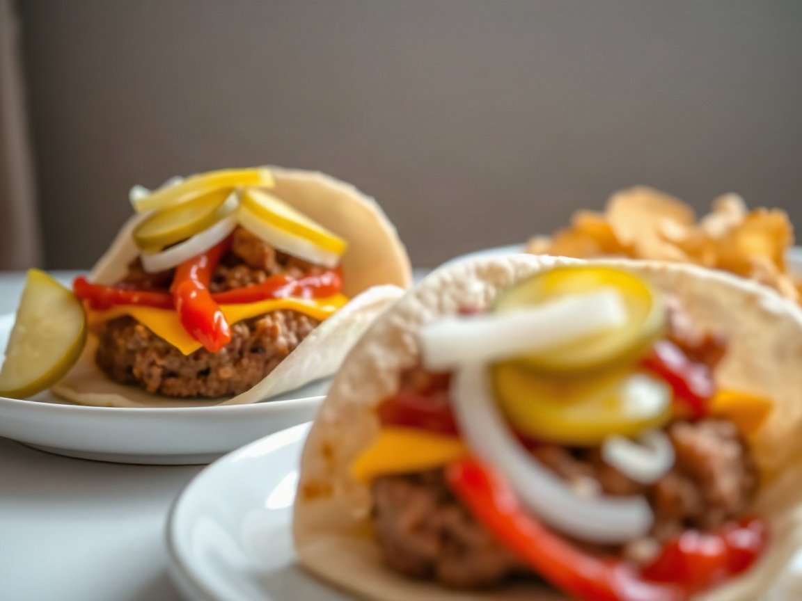 Smash Burger Tacos for Two (Crispy Skillet Tacos) 5 Smash Burger Tacos plated as two servings, close-up
