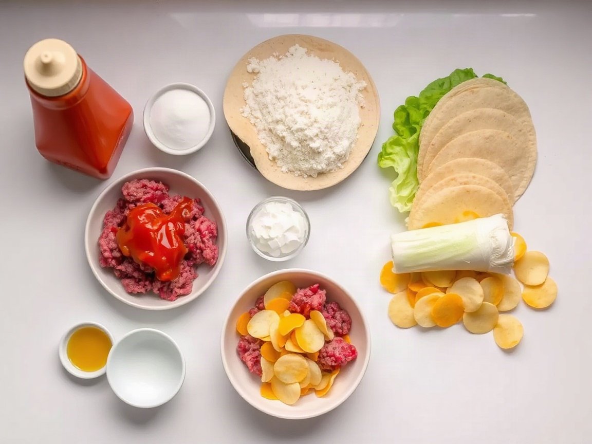 Smash Burger Tacos for Two (Crispy Skillet Tacos) 4 Ingredients for Smash Burger Tacos: mayonnaise, ketchup, sweet pickle relish, yellow mustard, 80/20 ground beef, salt, black pepper, garlic powder, flour tortillas, neutral oil, American cheese, iceberg lettuce, white onion and dill pickle chips