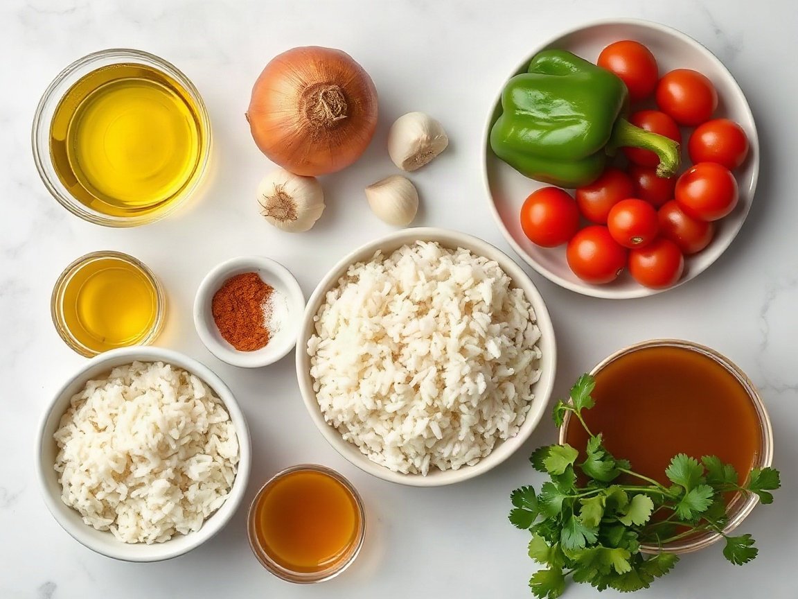 Spanish Rice for Two (Easy Stovetop Tomato Rice) 4 Ingredients for Spanish Rice for Two (Easy Stovetop Tomato Rice): vegetable oil, onion, green bell pepper, long-grain white rice, garlic, chili powder, ground cumin, salt, diced tomatoes, chicken broth and cilantro