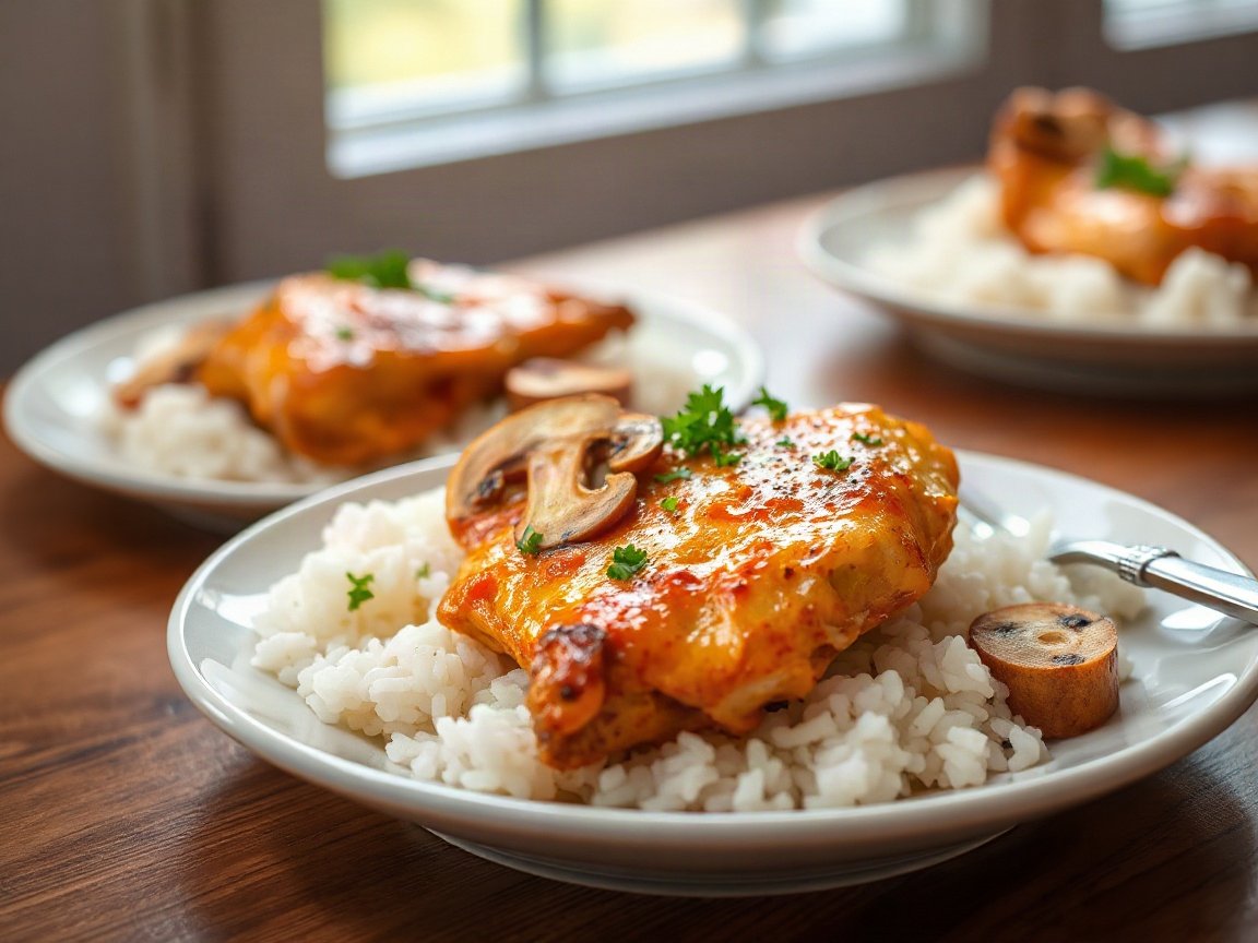 Stick of Butter Chicken and Rice plated as two servings, close-up