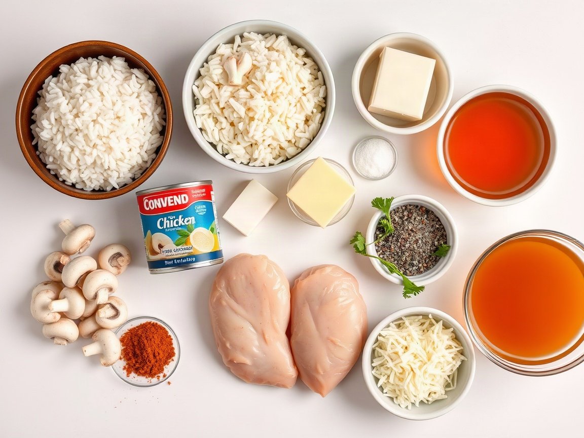 Ingredients for Stick of Butter Chicken and Rice: long-grain white rice, baby bella mushrooms, condensed French onion soup, low-sodium beef broth, butter, grated Parmesan cheese, boneless skinless chicken thighs, paprika, garlic powder, onion powder, salt, black pepper and fresh parsley