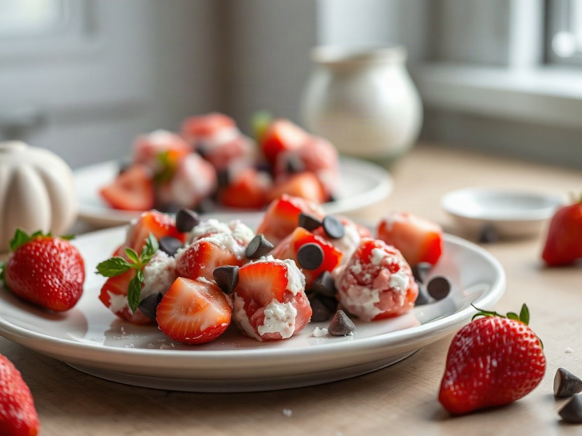Strawberry Yogurt Clusters for Two (Frozen, Crunchy and Easy) 5 Strawberry Yogurt Clusters plated as two servings, close-up