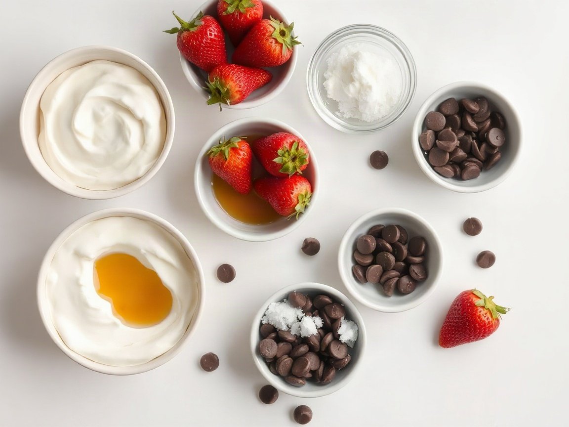 Strawberry Yogurt Clusters for Two (Frozen, Crunchy and Easy) 4 Ingredients for Strawberry Yogurt Clusters: Greek yogurt, strawberries, honey, chocolate chips, coconut oil and flaky salt