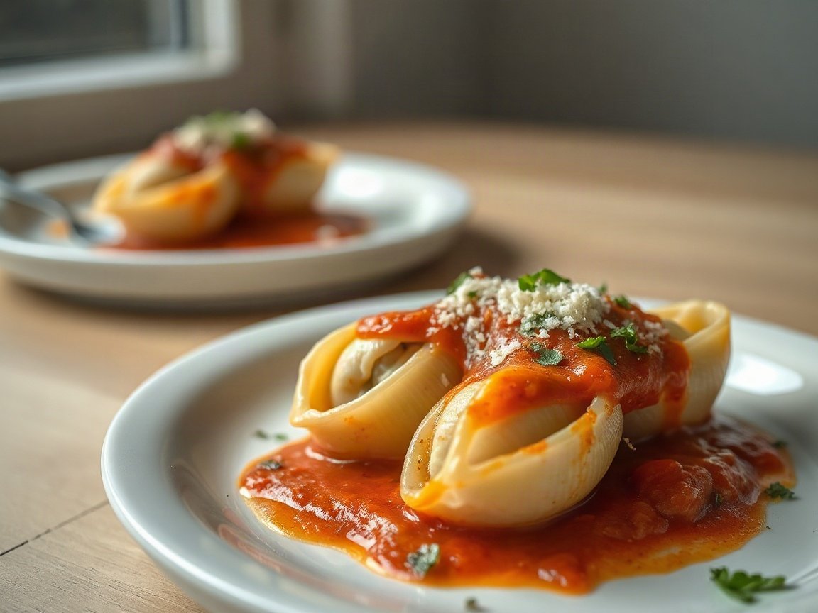 Stuffed Shells plated as two servings, close-up