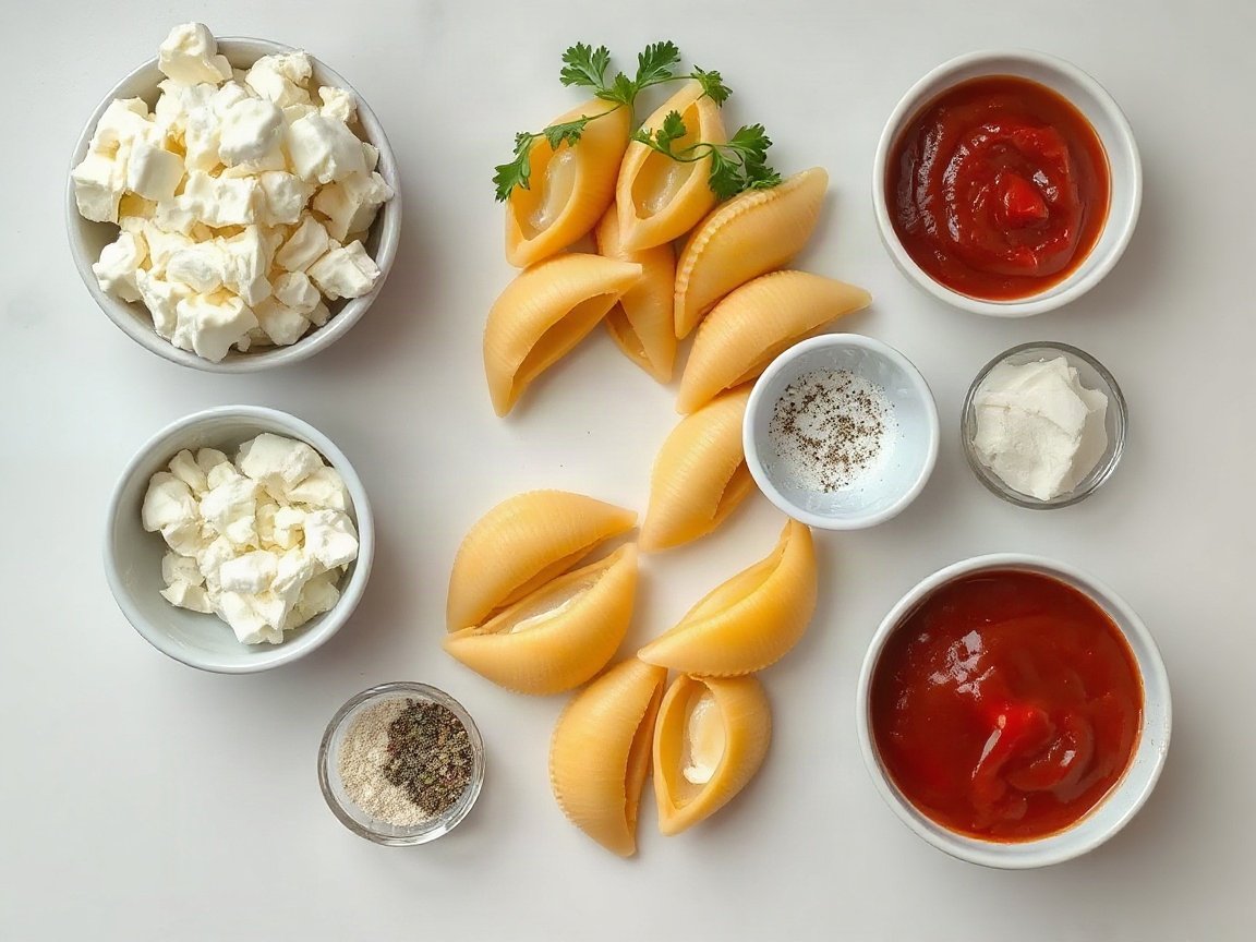 Ingredients for Stuffed Shells: jumbo pasta shells, ricotta, mozzarella, Parmesan, garlic, parsley, dried oregano, kosher salt, black pepper and marinara sauce