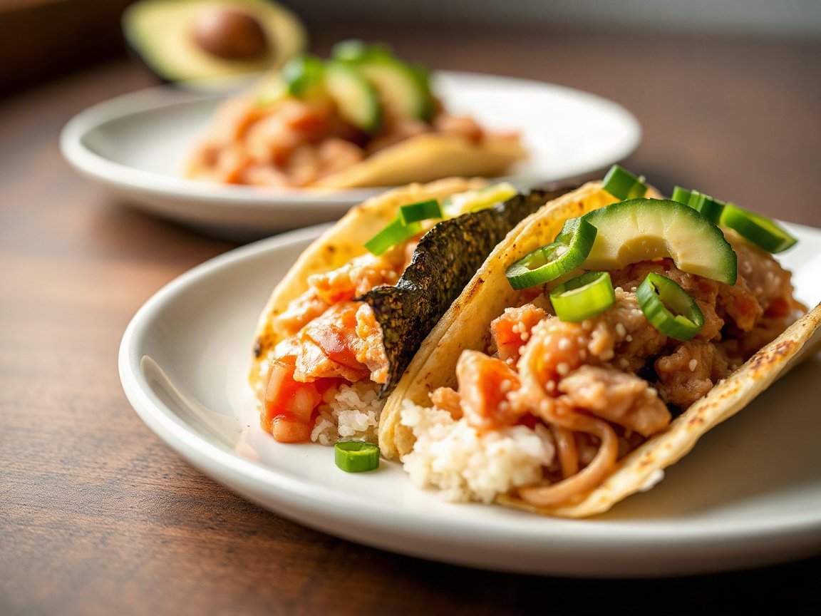 Sushi Tacos plated as two servings, close-up