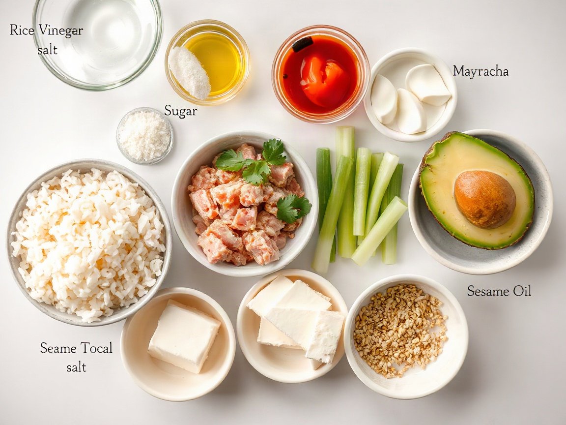 Ingredients for Sushi Tacos: sushi rice, rice vinegar, sugar, salt, nori, canned tuna, mayonnaise, sriracha, soy sauce, sesame oil, cream cheese, avocado, cucumber, green onion and sesame seeds