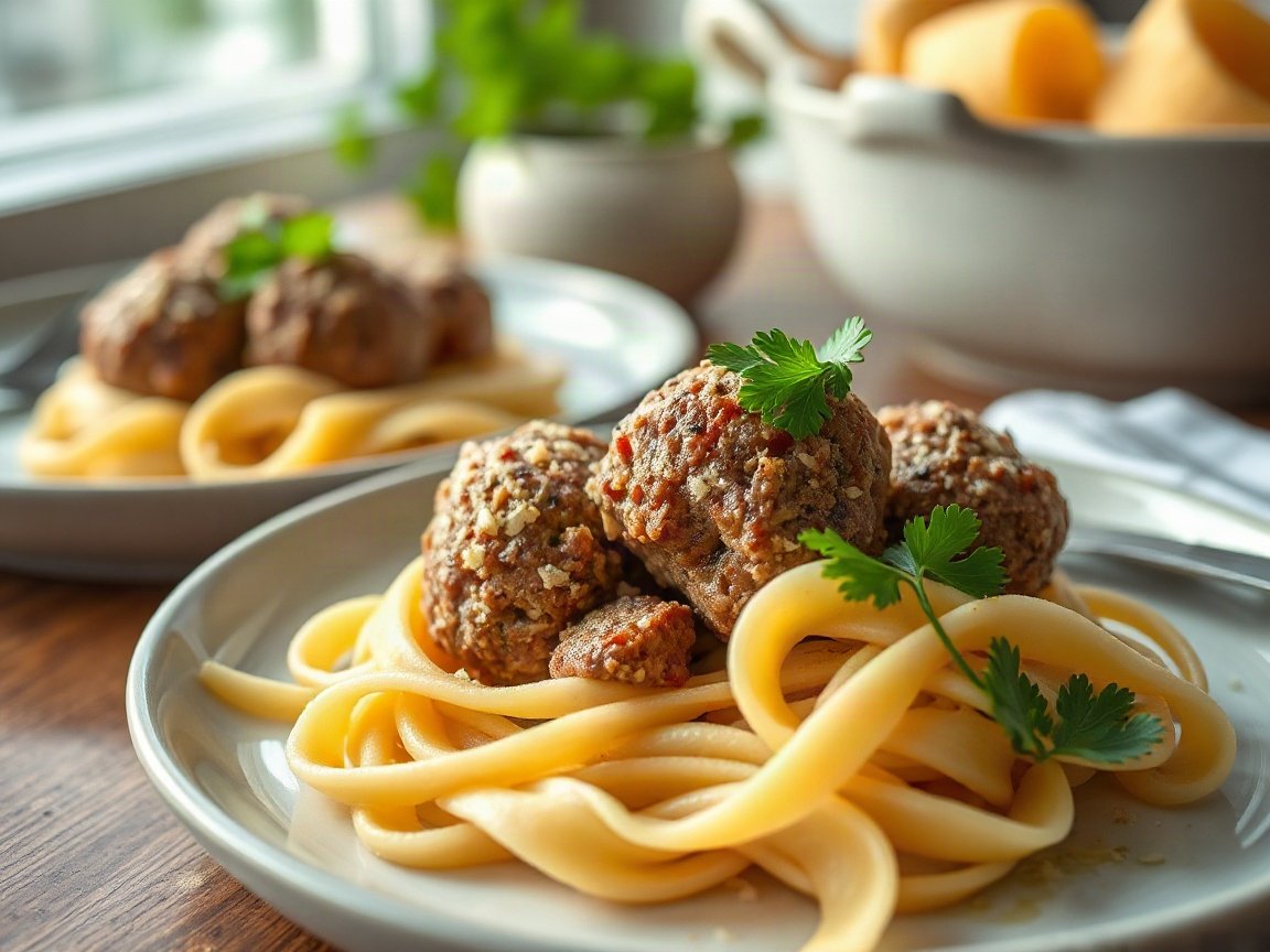 Swedish Meatballs plated as two servings, close-up