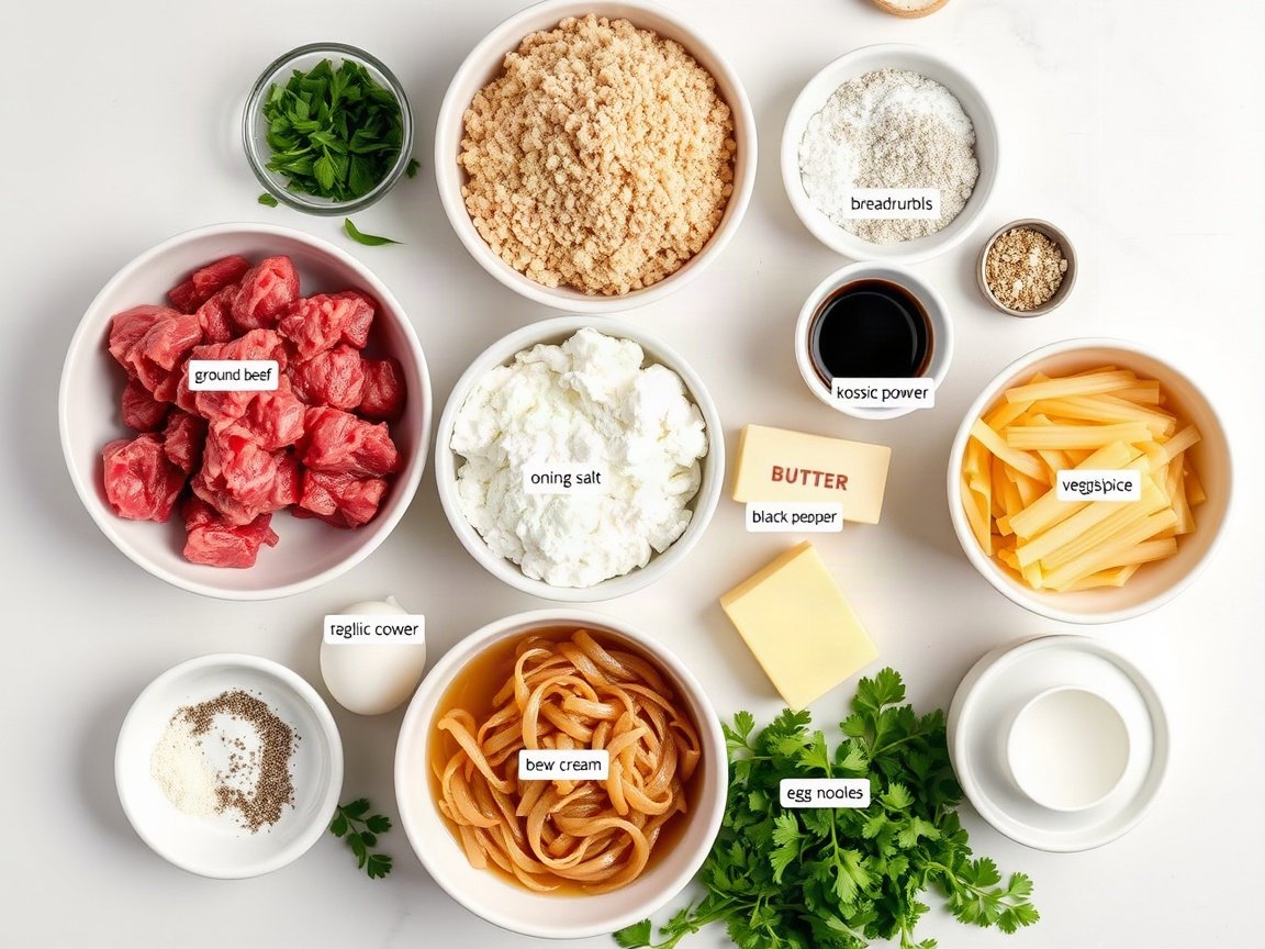 Ingredients for Swedish Meatballs: ground beef, breadcrumbs, milk, egg yolk, onion, garlic powder, kosher salt, allspice, nutmeg, black pepper, vegetable oil, butter, flour, beef broth, Worcestershire sauce, heavy cream, egg noodles and parsley