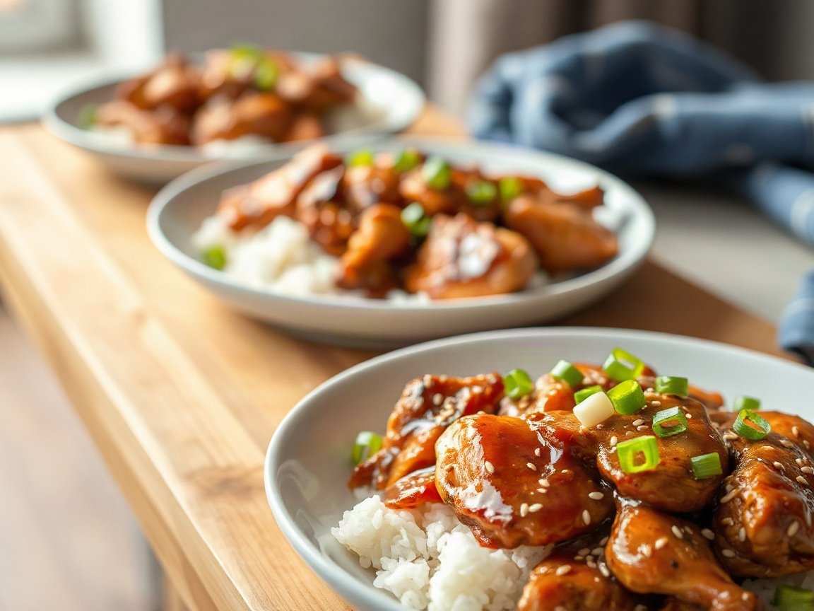 Teriyaki Chicken plated as two servings, close-up
