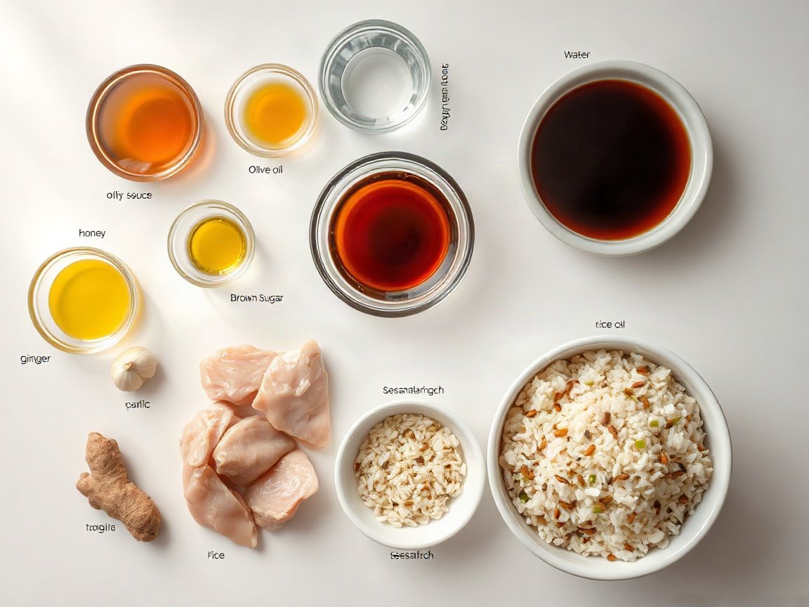 Ingredients for Teriyaki Chicken: chicken, olive oil, soy sauce, water, honey, brown sugar, rice vinegar, sesame oil, ginger, garlic, cornstarch, green onion, sesame seeds and rice