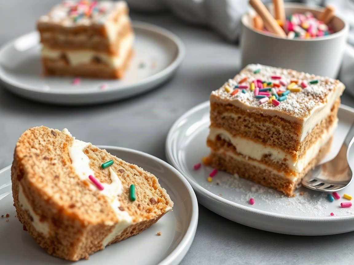 Tiramisu Birthday Cake for Two (No-Bake, No Raw Eggs) 5 Tiramisu Birthday Cake plated as two servings, close-up
