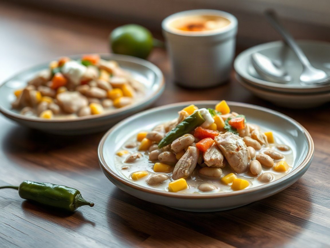White Chicken Chili for Two (Creamy, Easy and One-Pot) 5 White Chicken Chili plated as two servings, close-up