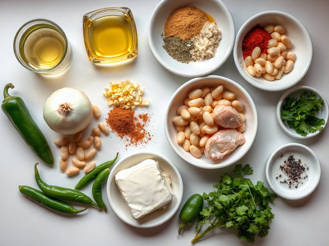 White Chicken Chili for Two (Creamy, Easy and One-Pot) 4 Ingredients for White Chicken Chili: olive oil, onion, jalapeno, garlic, cumin, oregano, chili powder, cayenne, salt, broth, broth for beans, cannellini beans, green chilies, chicken breast, corn, cream cheese, lime juice, cilantro and black pepper